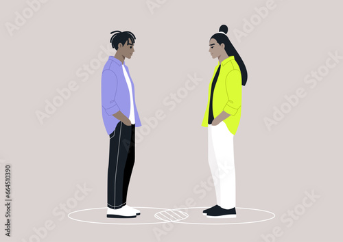 Two characters standing within their individual circles that intersect, serving as a metaphor for both their commonalities and differences