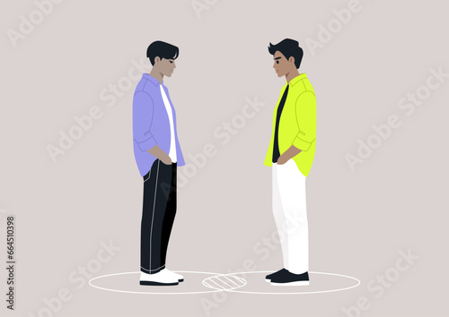 Two characters standing within their individual circles that intersect, serving as a metaphor for both their commonalities and differences