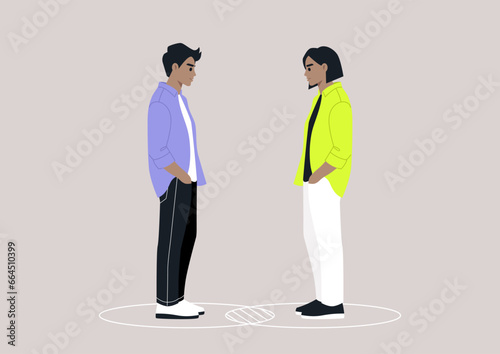 Two characters standing within their individual circles that intersect, serving as a metaphor for both their commonalities and differences