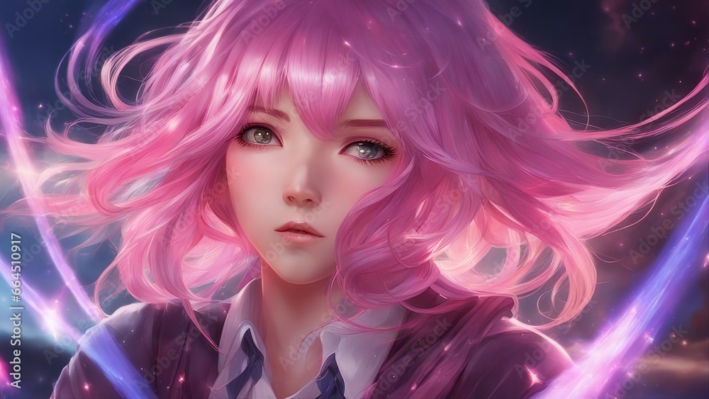 anime inspired   pink haired anime schoolgirl that moves fast in a stary background