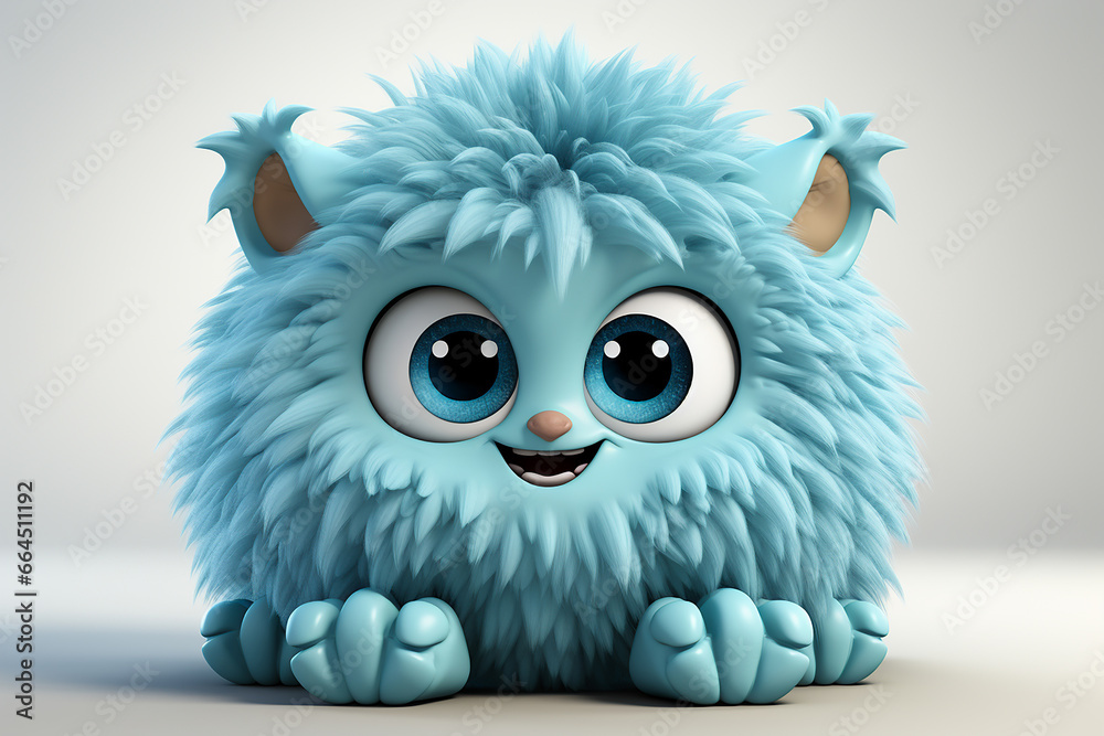 A cute furry blue monster isolated on background.Fluffy plush toy for kids.