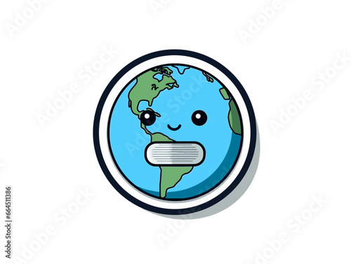 Doodle Earth with power button, cartoon sticker, sketch, vector, Illustration, minimalistic