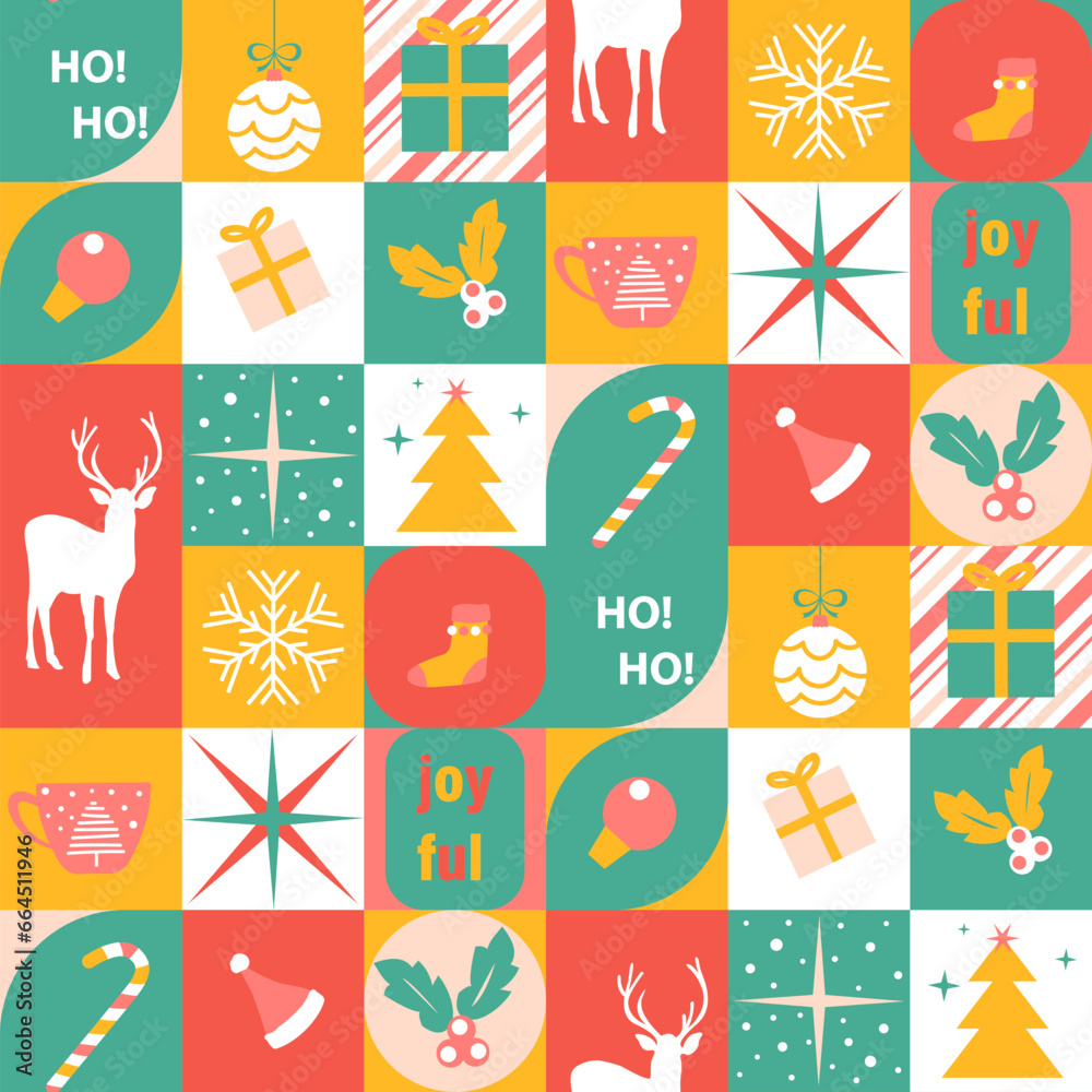 Christmas holiday icon elements with geometric seamless pattern design. Modern bauhaus style Christmas and Happy New Year decoration background