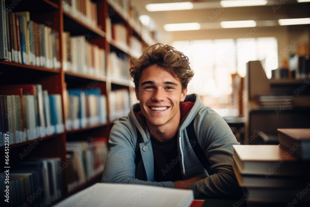 Portrait of a young male student in a library - obrazy, fototapety, plakaty 