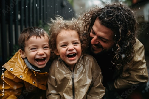 Happy young father having fun with his kids outside in the rain