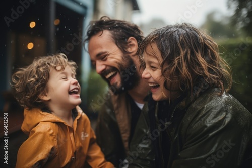Happy young father having fun with his kids outside in the rain © NikoG