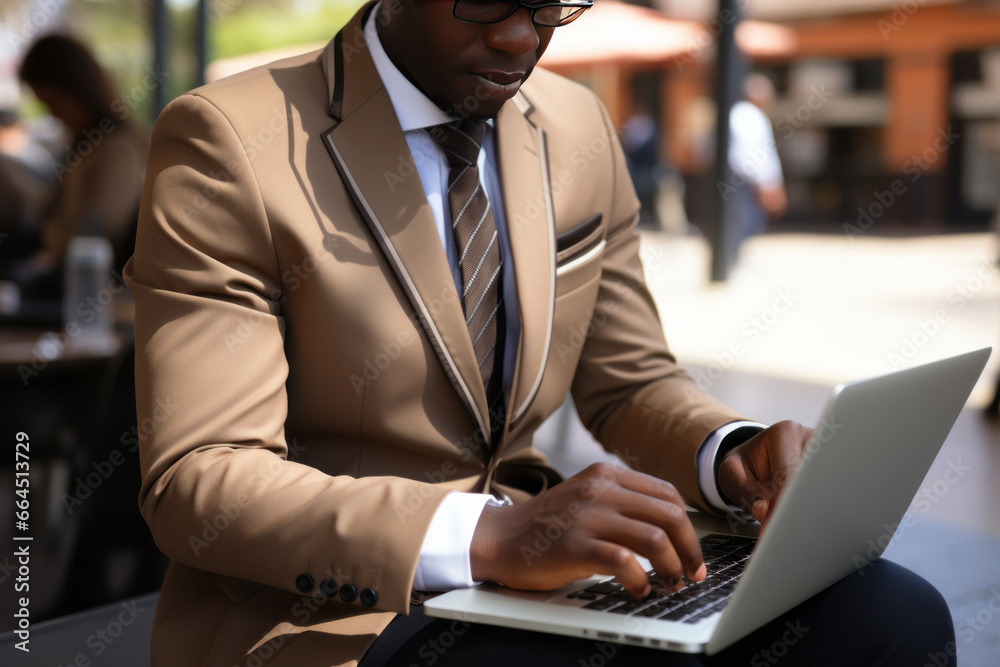 Young African American man in an elegant suit sits at a table in cafe with laptop computer. Positive successful businessman, entrepreneur, small business owner works online. Remote work concept.