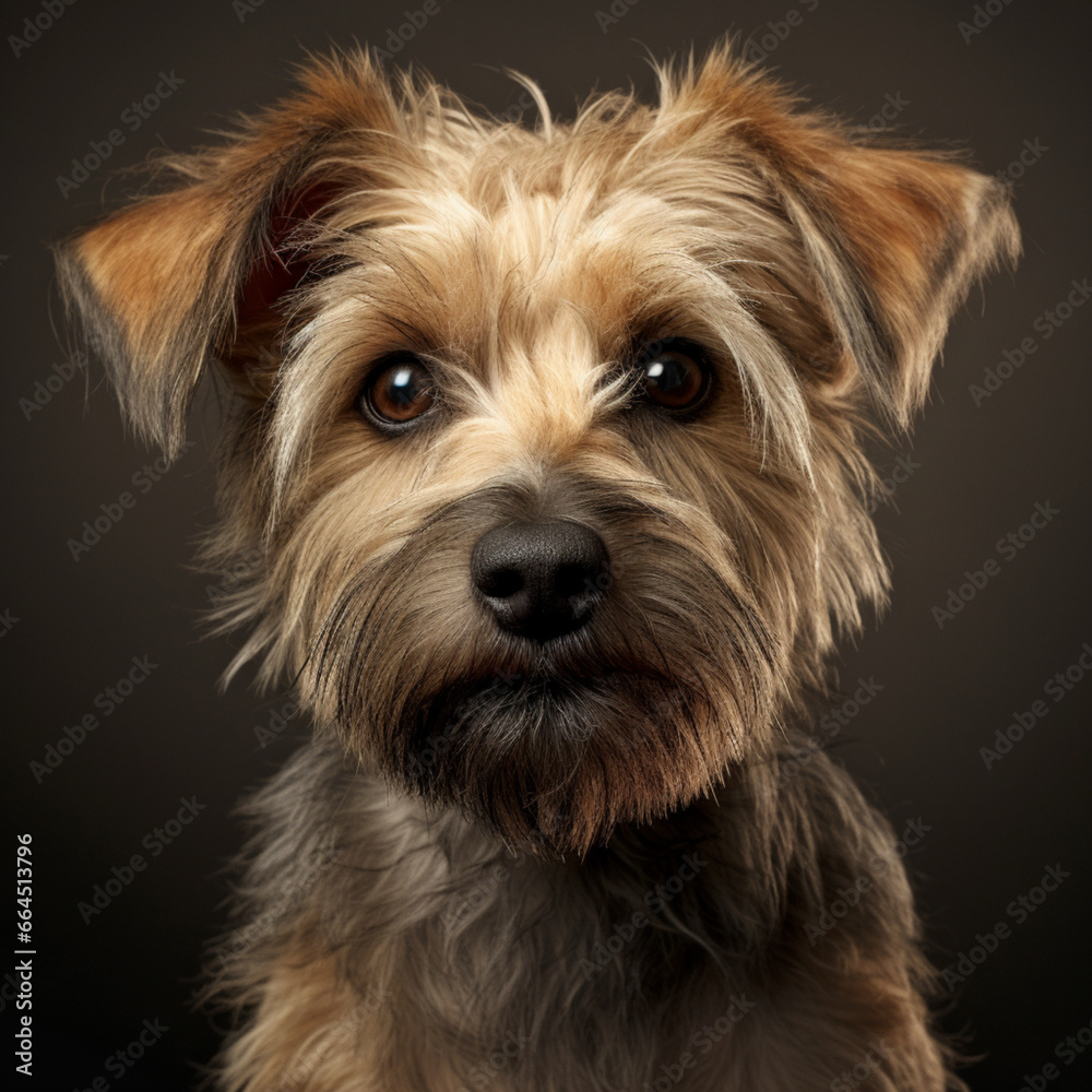 Fotografia con detalle de pequeño perro de raza terrier con tonos marrones y fondo oscuro Fotografia con detalle de pequeño perro de raza terrier con tonos marrones y fondo oscuro