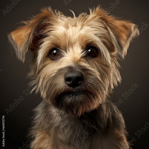 Fotografia con detalle de pequeño perro de raza terrier con tonos marrones y fondo oscuro