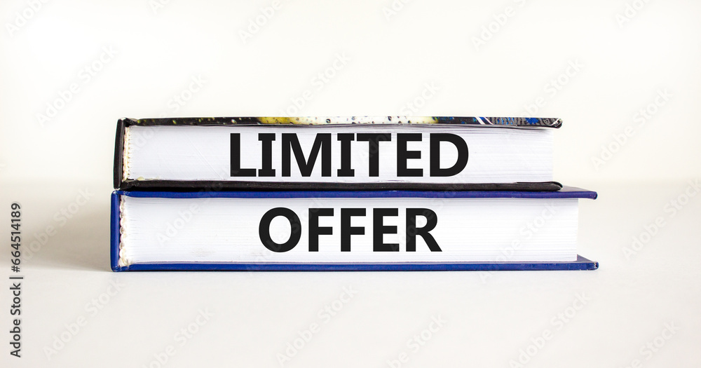 Limited offer symbol. Concept words Limited offer on beautiful books. Beautiful white table white background. Business marketing, motivational Limited offer concept. Copy space.