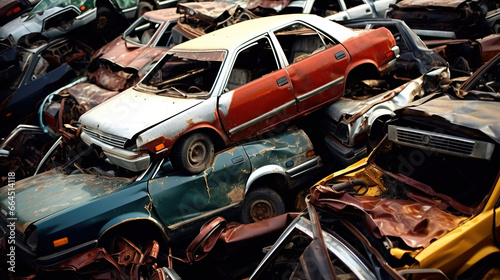 Generative AI, Car dump with a lot of broken used cars photo