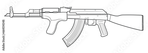 Vector illustration of AK carbine with a wooden foregrip on the white background. Black. Left side.