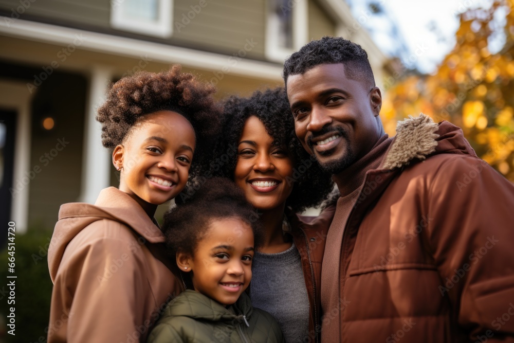 Portrait of a young family standing in front of a house