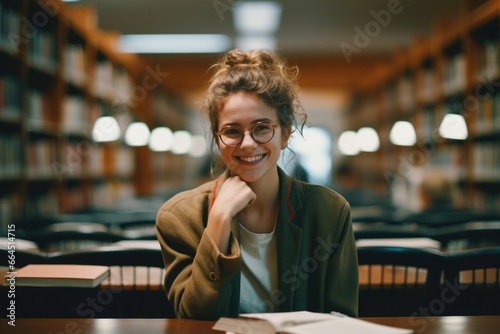 Portrait of a young female student in a library photo