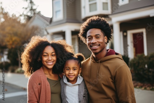 Portrait of a young family standing in front of a house photo