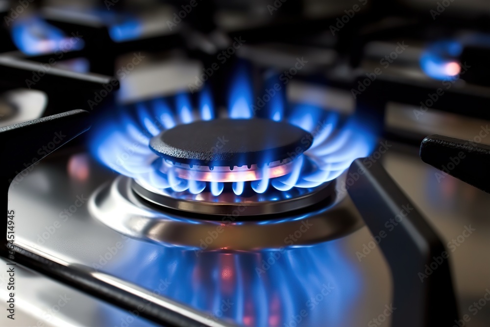 Gas stove with burner, blue flame. AI Generated.