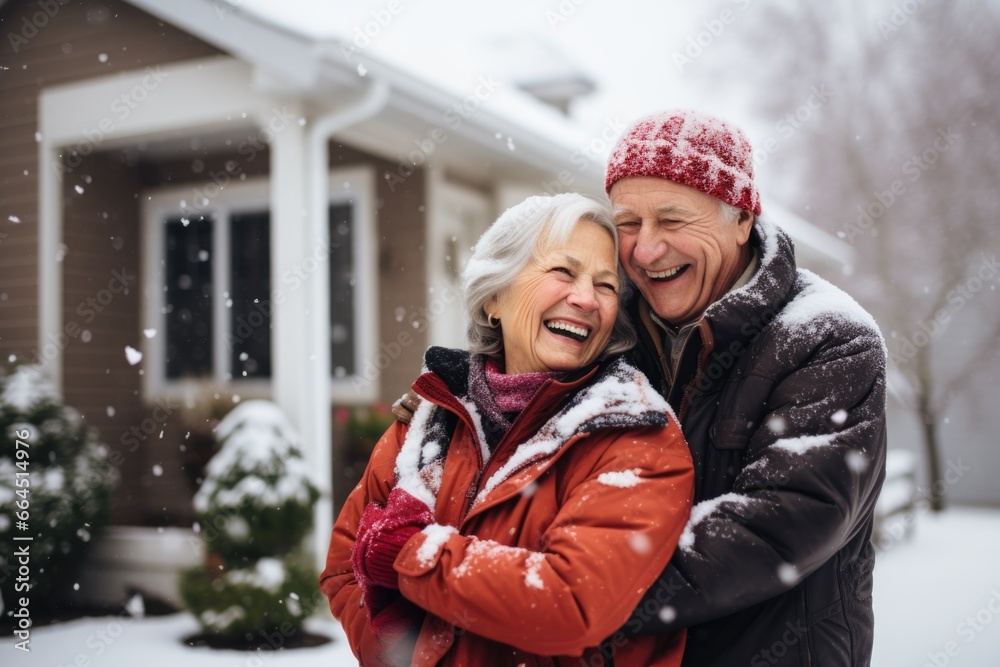 Portrait of a happy senior couple outside during snowfall
