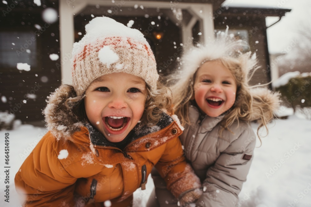 Portrait of happy little kids playing outside in the snow Portrait of happy little kids playing outside in the snow