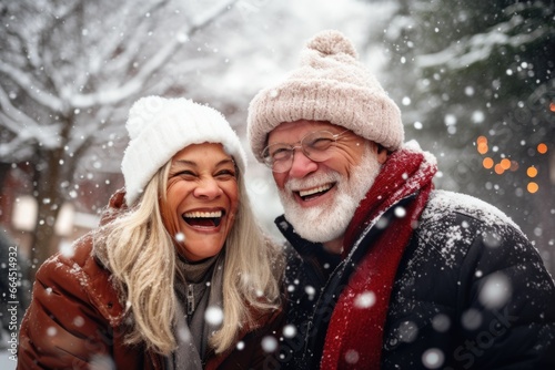 Portrait of a happy senior couple outside during snowfall