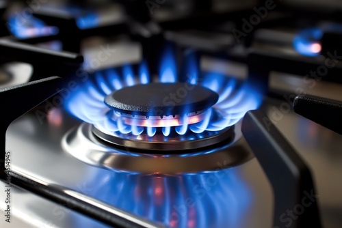 Gas stove with burner, blue flame. AI Generated.