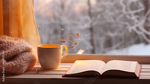 Cozy winter still life mug of hot coffee and opened book with warm plaid on vintage windowsill of cottage against snow landscape with snowdrift from outside.