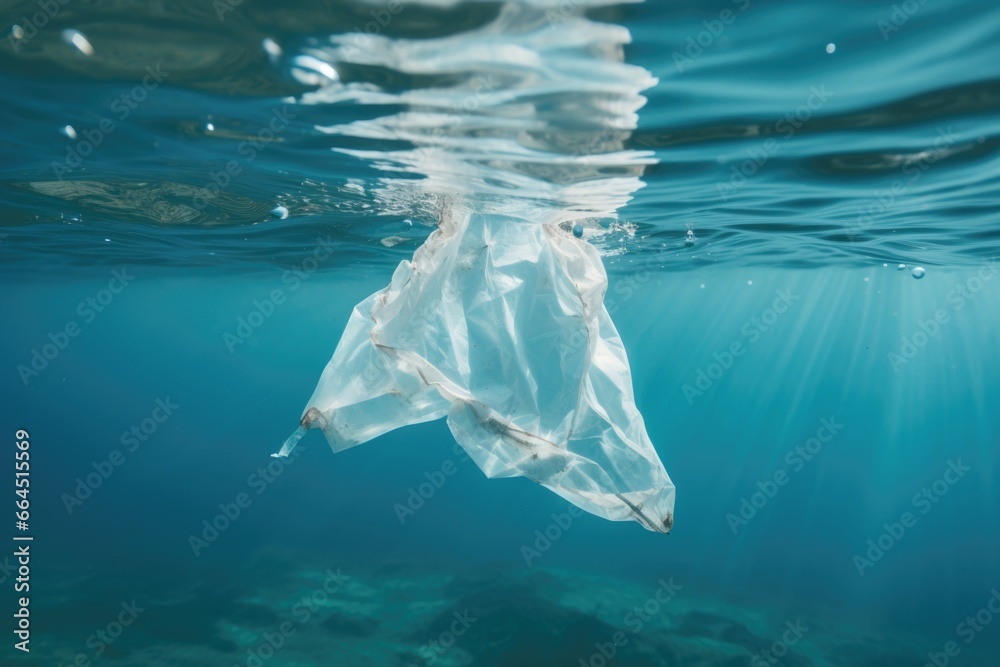 Naklejka premium Plastic Bag Drifting in Ocean Waters: Environmental Concern