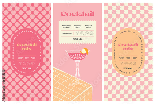 Vector hand drawn cocktail packaging label design template set for cafe or restaurant. Vector beverage package badges set