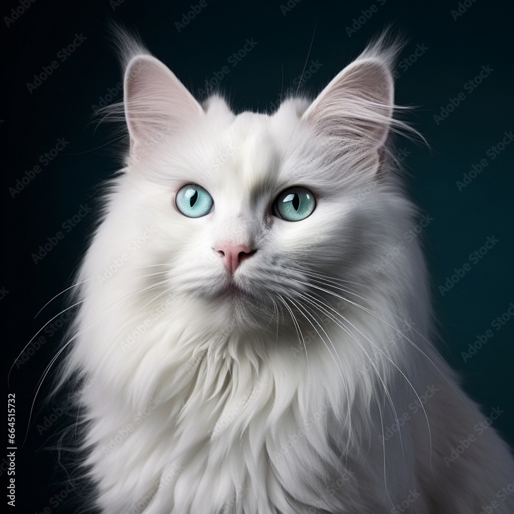 Fotografia de gato de pelo blanco con ojos verdes y con fondo de color negro