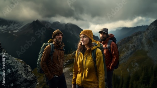 Happy young female and male tourists against the backdrop of stunning mountain landscape. Group of hikers in modern bright outfits with backpacks walking along mountain path. Active sports and travel.