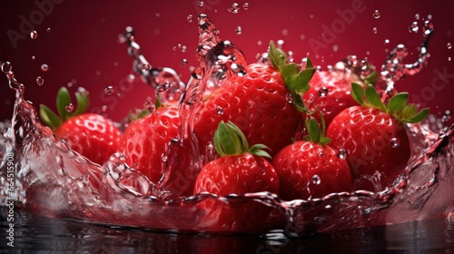 Strawberries fly with water splashes on a black backdrop. Fresh strawberries falling, closeup. Summertime concept for package, grocery product advertising