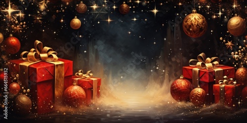 Christmas card background with beautiful Christmas balls and gifts, illustration © Teppi