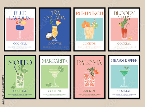 Set of printable posters of cocktail illustrations. An illustration of classical drinks in different types of glasses. Vector illustration of popular cocktails. Banner with soft and alcohol drinks.	