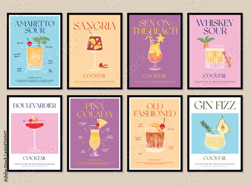 Set of printable posters of cocktail illustrations. An illustration of classical drinks in different types of glasses. Vector illustration of popular cocktails. Banner with soft and alcohol drinks. 