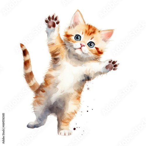 Cute 3D little cat with big eyes kids cartoon illustration digital artwork isolated on white. Funny kitten, hand drawn watercolor for, package, postcard, brochure, book