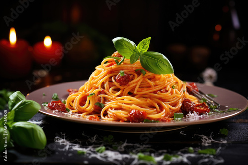 Italian pasta on plate with basil leaves. Spaghetti bolognese on dark background. photo