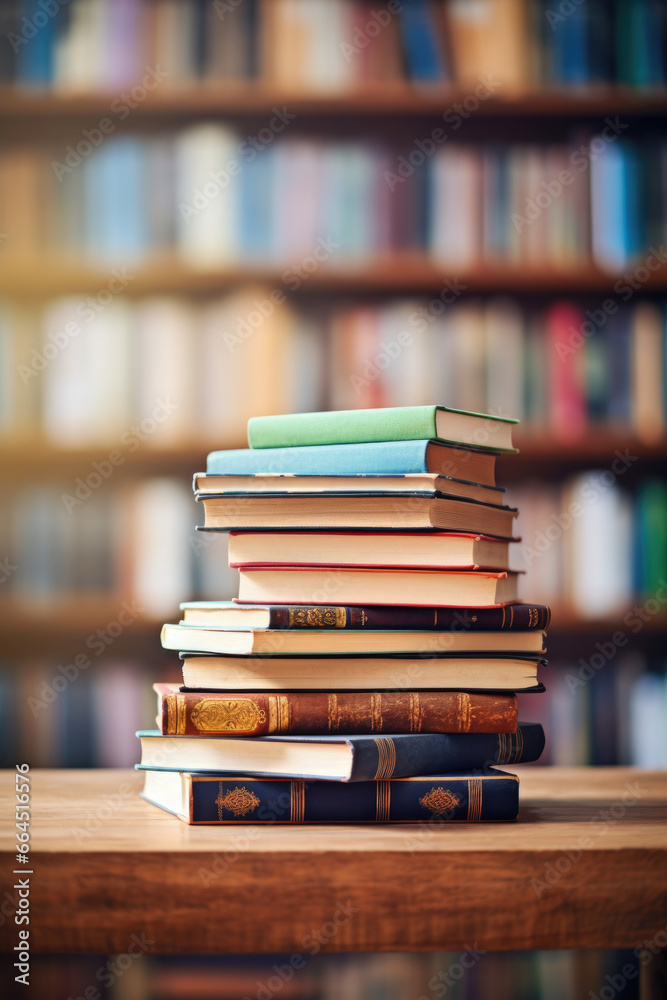 Stack of books on table against library background with bookshelves. Knowledge and education concept Stack of books on table against library background with bookshelves. Knowledge and education concept