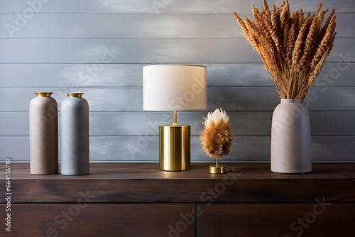 Wooden cabinet with lamp and pampas grass in a vase
