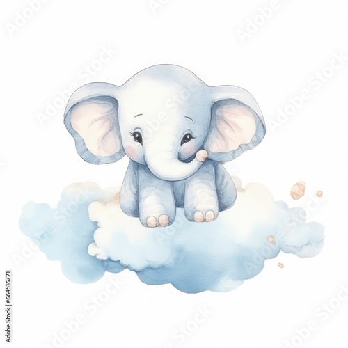 Cute 3D little elephant flying on a cloud kids cartoon illustration digital artwork isolated on white. Funny baby elephant, hand drawn watercolor for package, postcard, brochure, book
