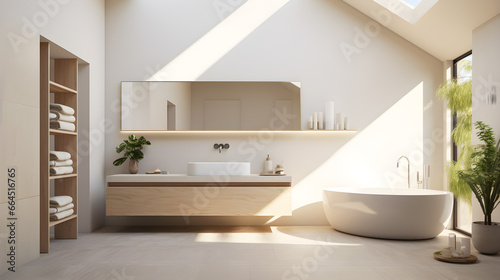 Interior design of modern bathroom. Natural daylight from a window