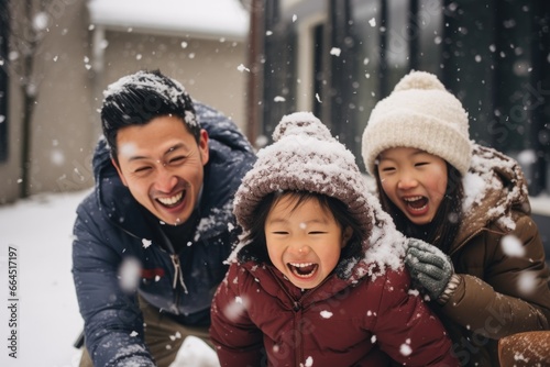 Portrait of Cheerful young father having fun with his kids outside in the snow