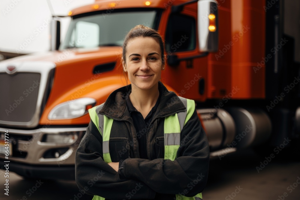 Portrait of a smiling female truck driver in the parking lot Portrait of a smiling female truck driver in the parking lot