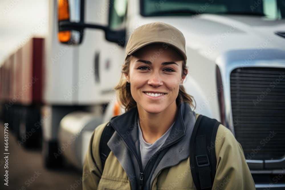 Portrait of a smiling female truck driver in the parking lot Portrait of a smiling female truck driver in the parking lot