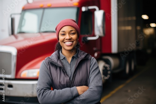 Portrait of a smiling female truck driver in the parking lot