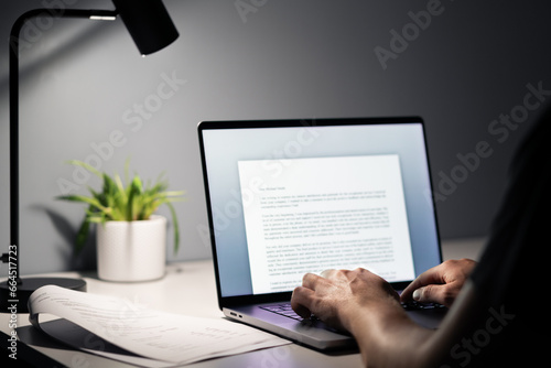 Man writing text document, essay or letter with laptop. Freelance writer, journalist or entrepreneur working late at night, overtime. Job seeker, cv resume and application. Dark home or office room. photo