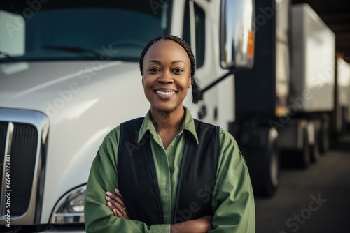 Portrait of a smiling female truck driver in the parking lot