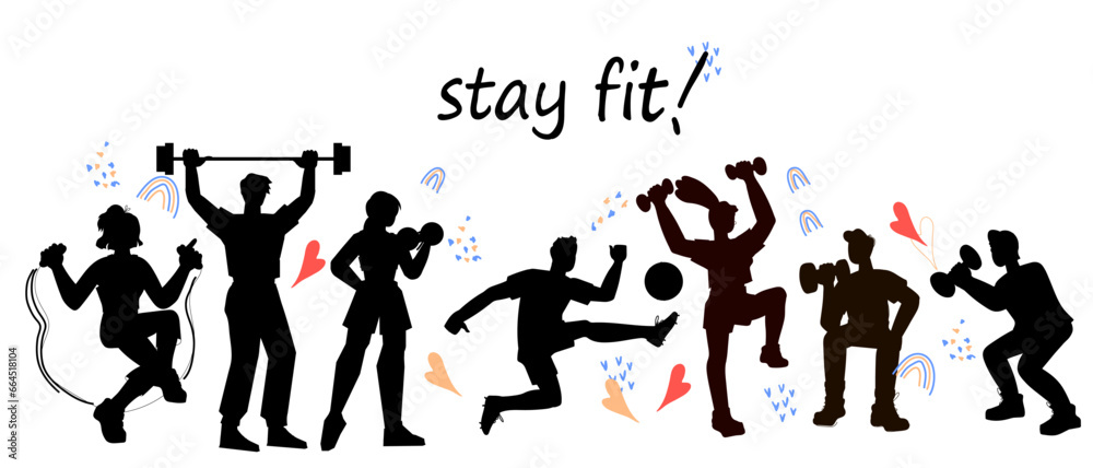 Active lifestyle banner concept with silhouette of people doing sports, flat cartoon vector illustration isolated on white background. Stay fit sport banner, physical fitness and sports activities.
