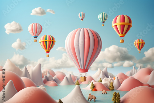 Hot air balloons flying over beautiful landscape. 3D Rendering.