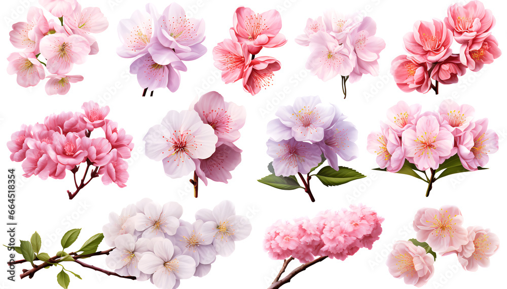 Sets of amazing Japanese flowers and nature elements, set of various types of Sakura and Kiku, Plum Blossoms, Iris isolated on white background