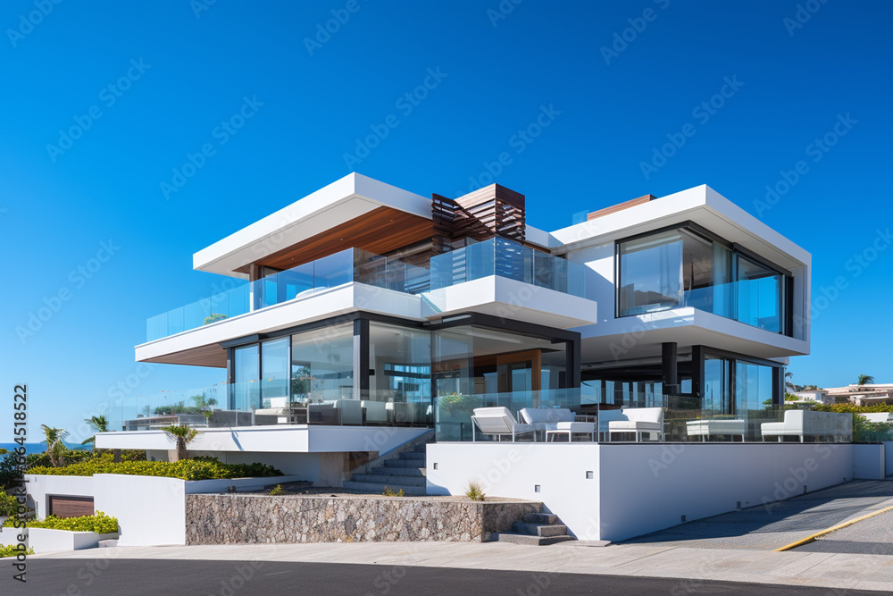 3d rendering of modern cozy house with pool and parking for sale or rent