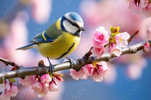 A Bluetit bird resting on the branch of a tree.